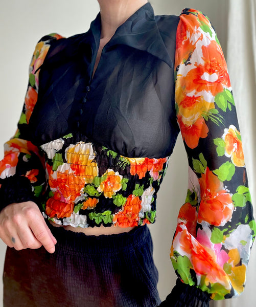 1970's Floral Prairie Dagger Collar Blouse Top