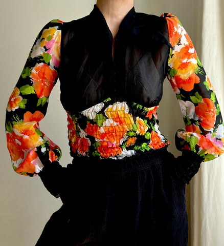 1970's Floral Prairie Dagger Collar Blouse Top