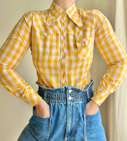 1970's Gingham Checked Scenic Cotton Dagger Collar Shirt