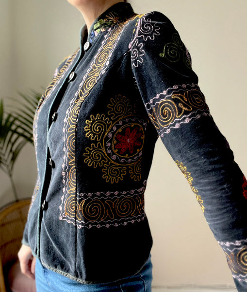 60's 70's Vintage Floral Velvet Black Blazer Jacket