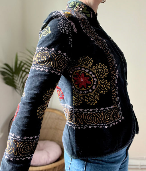 60's 70's Vintage Floral Velvet Black Blazer Jacket