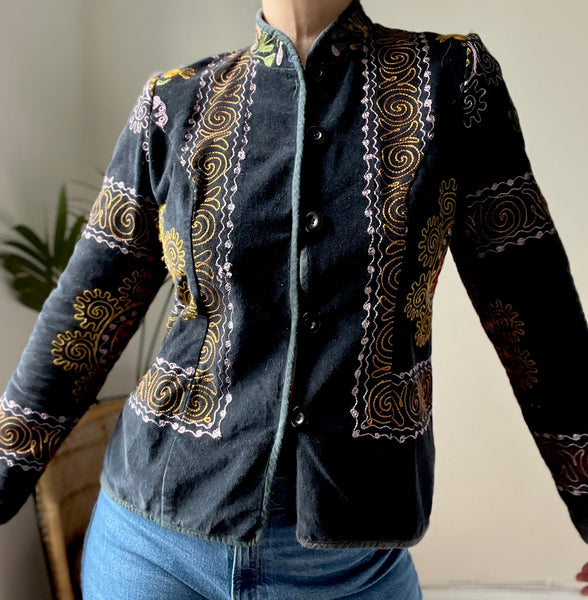 60's 70's Vintage Floral Velvet Black Blazer Jacket