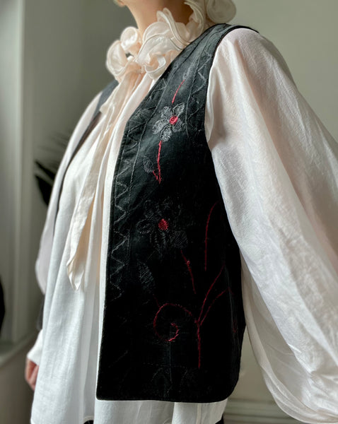 Vintage Black Velvet Embroidered Hippie Waistcoat