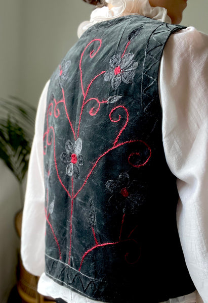 Vintage Black Velvet Embroidered Hippie Waistcoat