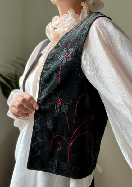 Vintage Black Velvet Embroidered Hippie Waistcoat