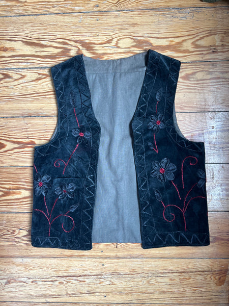 Vintage Black Velvet Embroidered Hippie Waistcoat