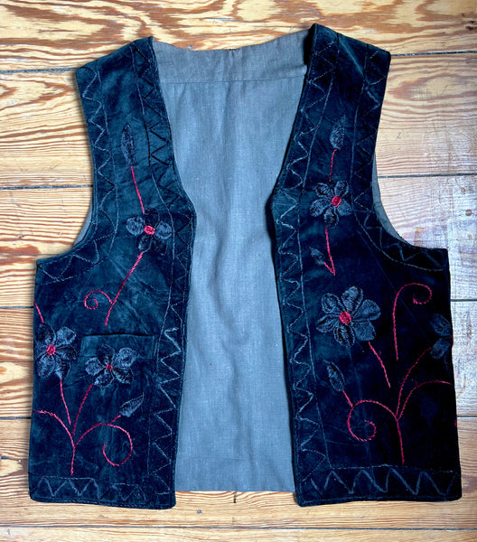 Vintage Black Velvet Embroidered Hippie Waistcoat