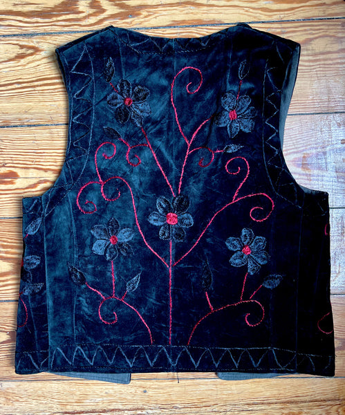 Vintage Black Velvet Embroidered Hippie Waistcoat