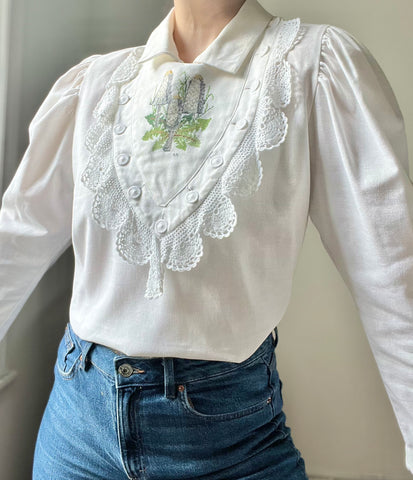 Vintage Mushroom Embroidery Prairie Cotton Blouse