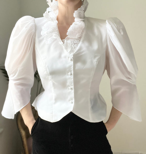 1980's Sheer White Floral Gothic Blouse