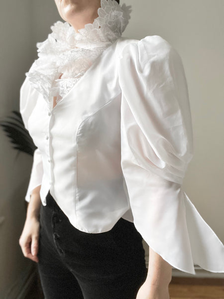 1980's Sheer White Floral Gothic Blouse