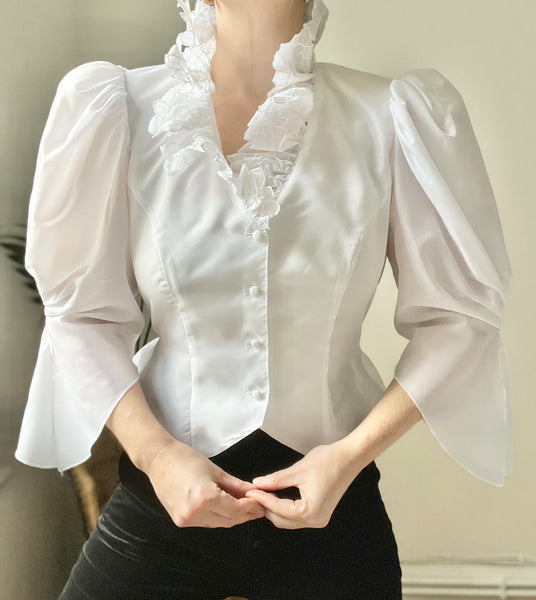 1980's Sheer White Floral Gothic Blouse