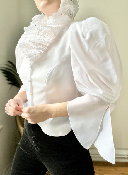 1980's Sheer White Floral Gothic Blouse