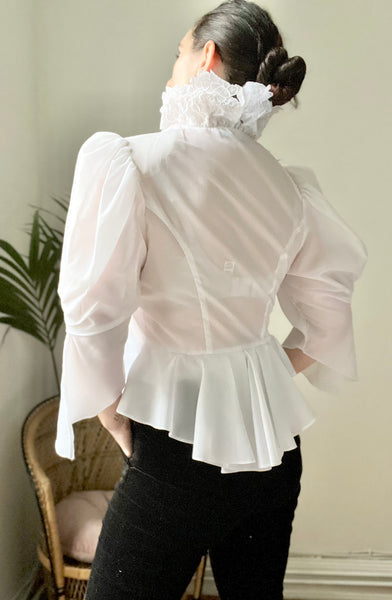 1980's Sheer White Floral Gothic Blouse