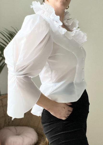 1980's Sheer White Floral Gothic Blouse