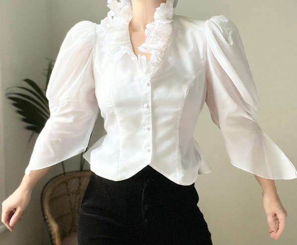 1980's Sheer White Floral Gothic Blouse