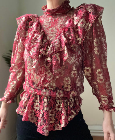 1980's Vintage Red and Gold Lace Frilly Blouse