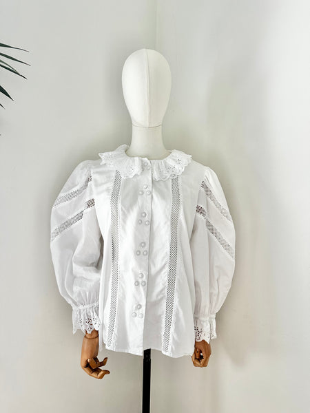 80's Cotton Blouse Frilly Collar
