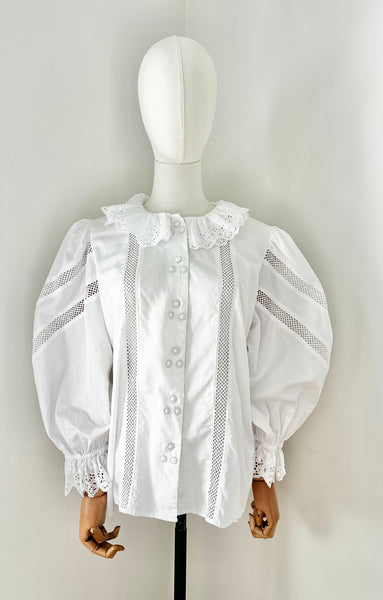 80's Cotton Blouse Frilly Collar