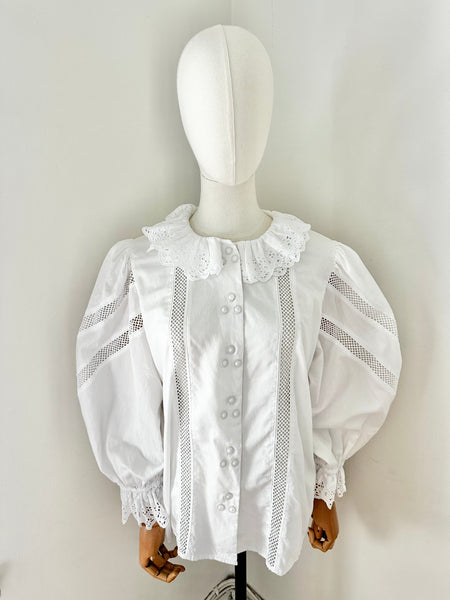 80's Cotton Blouse Frilly Collar