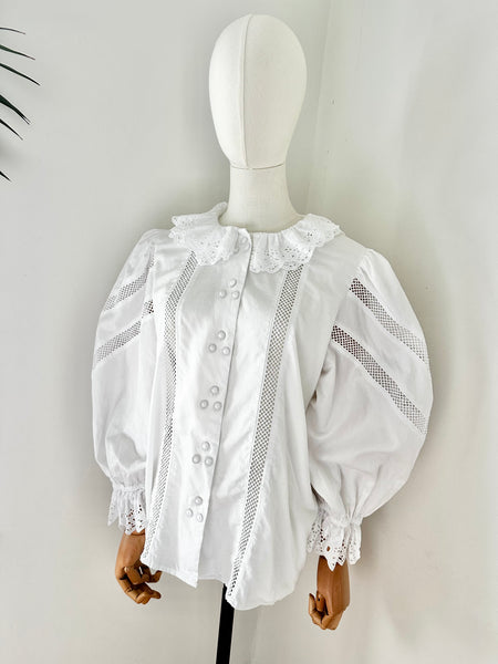 80's Cotton Blouse Frilly Collar