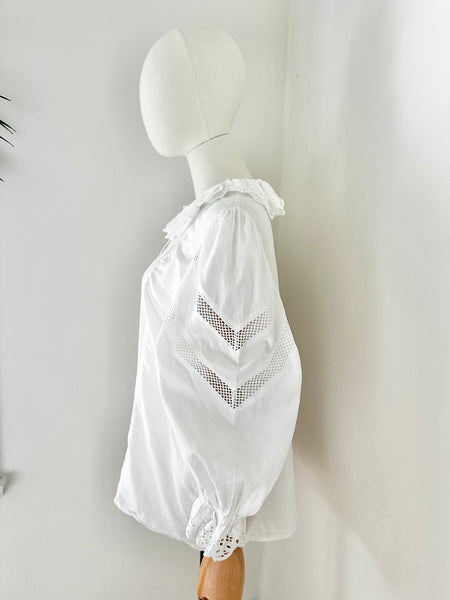80's Cotton Blouse Frilly Collar