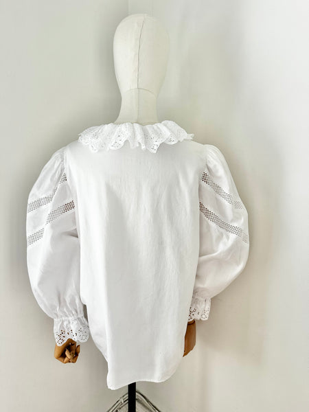 80's Cotton Blouse Frilly Collar