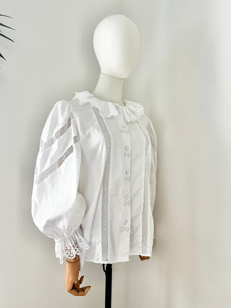 80's Cotton Blouse Frilly Collar