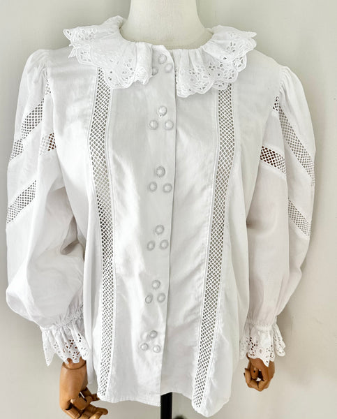 80's Cotton Blouse Frilly Collar
