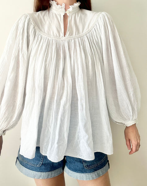 Rare Vintage Indian Cotton Gauze Blouse, White Poet Sleeve Bohemian Top