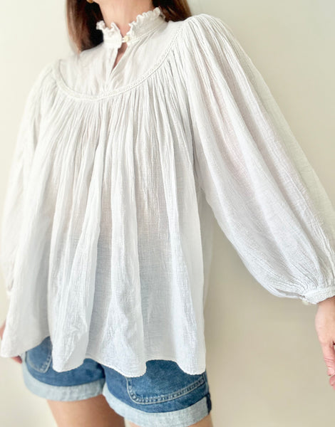 Rare Vintage Indian Cotton Gauze Blouse, White Poet Sleeve Bohemian Top
