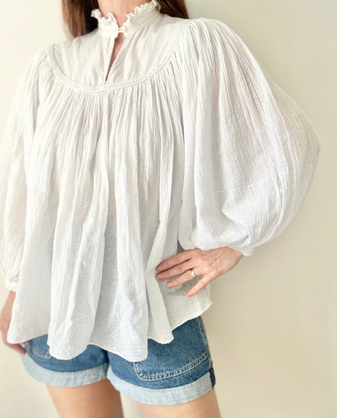 Rare Vintage Indian Cotton Gauze Blouse, White Poet Sleeve Bohemian Top