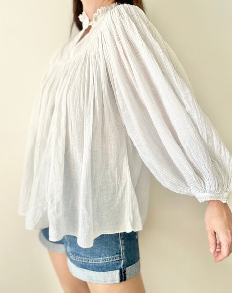 Rare Vintage Indian Cotton Gauze Blouse, White Poet Sleeve Bohemian Top