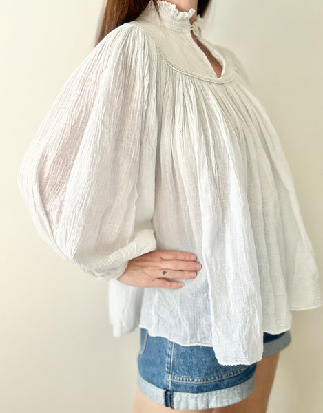 Rare Vintage Indian Cotton Gauze Blouse, White Poet Sleeve Bohemian Top