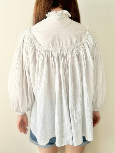 Rare Vintage Indian Cotton Gauze Blouse, White Poet Sleeve Bohemian Top