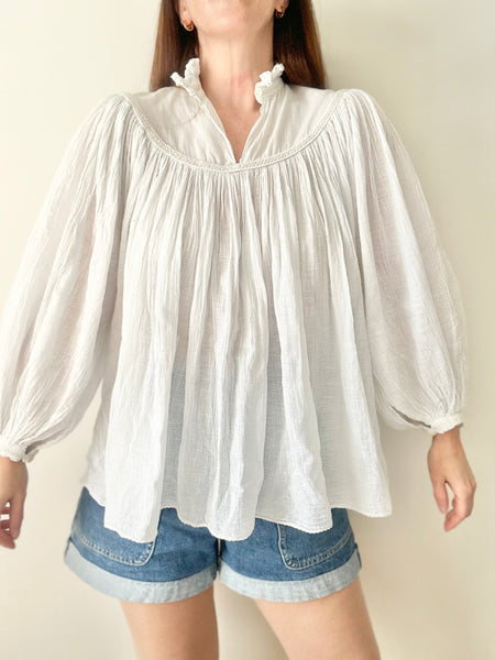 Rare Vintage Indian Cotton Gauze Blouse, White Poet Sleeve Bohemian Top