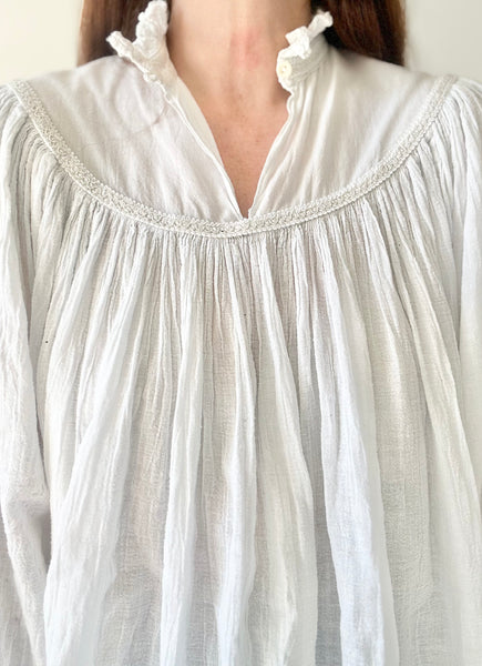 Rare Vintage Indian Cotton Gauze Blouse, White Poet Sleeve Bohemian Top
