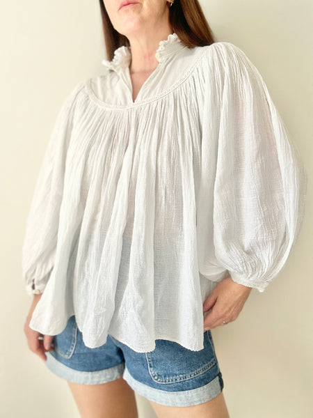 Rare Vintage Indian Cotton Gauze Blouse, White Poet Sleeve Bohemian Top