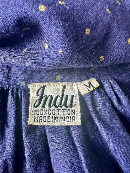 Rare 1970s Indu Indian Cotton Blouse, Indigo Block Print Bohemian Tunic