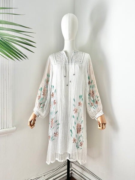 1970's Indian White Floral Gauze Dress