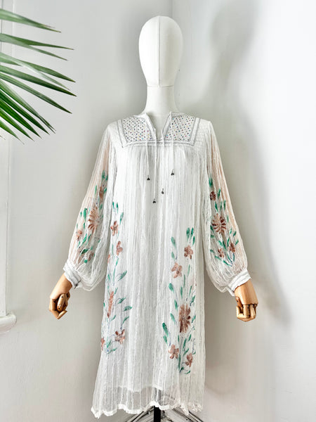 1970's Indian White Floral Gauze Dress