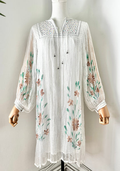 1970's Indian White Floral Gauze Dress