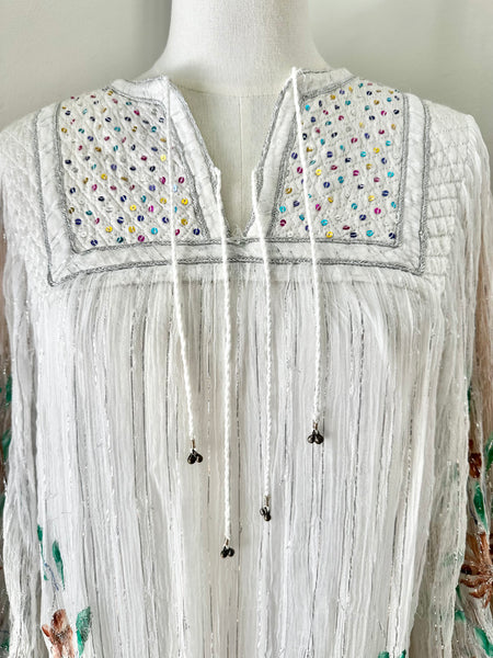 1970's Indian White Floral Gauze Dress