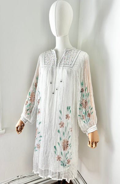 1970's Indian White Floral Gauze Dress