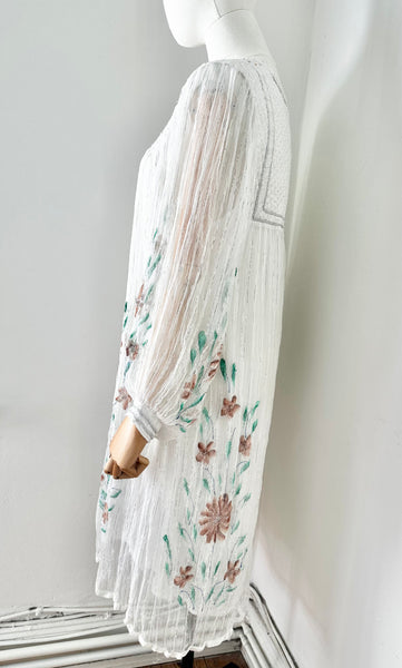 1970's Indian White Floral Gauze Dress