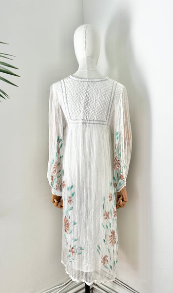 1970's Indian White Floral Gauze Dress