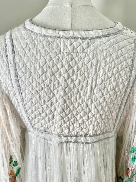 1970's Indian White Floral Gauze Dress