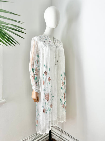 1970's Indian White Floral Gauze Dress
