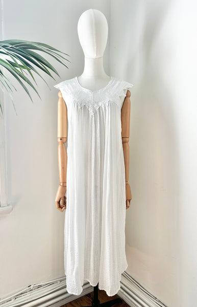 1970's White Grecian Cotton Smock Mini Dress