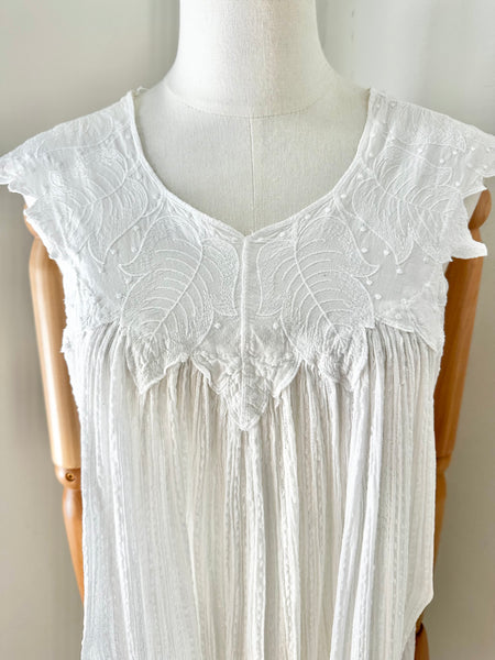 1970's White Grecian Cotton Smock Mini Dress